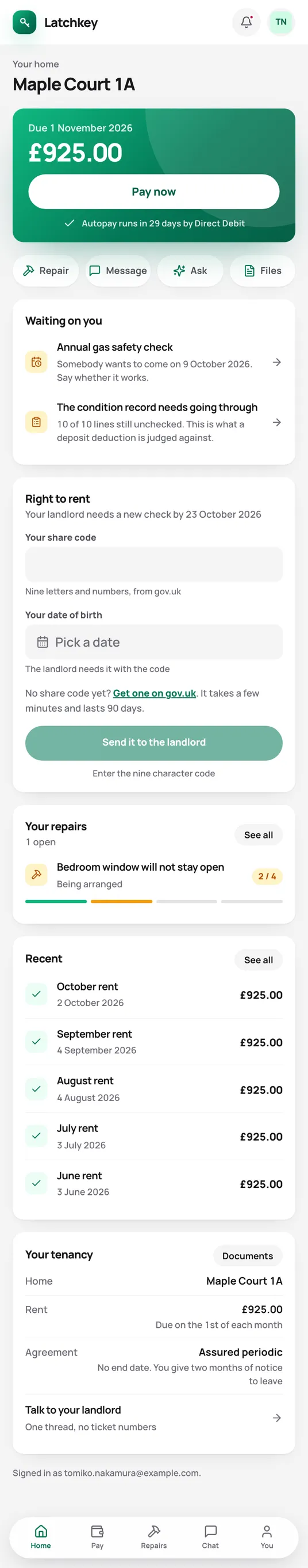 The tenant app home screen with the rent due, a pay button and what is waiting on the tenant