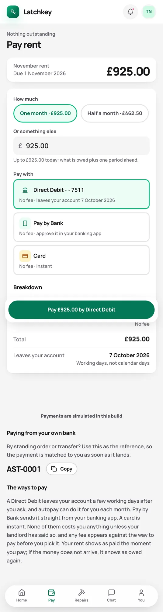 The pay screen in the tenant app, with the amount due and each way to pay