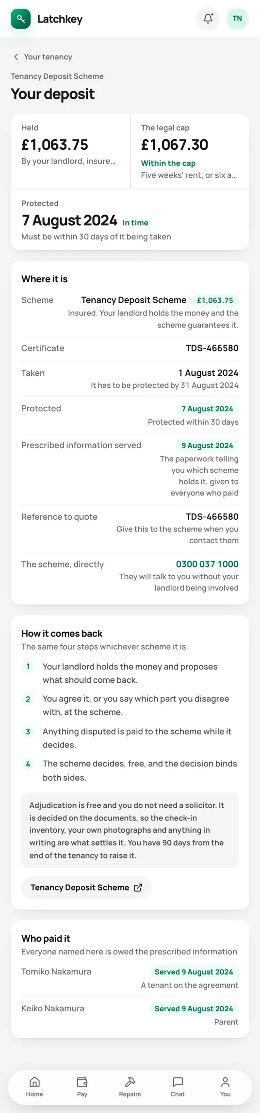 The tenant app deposit screen, showing the amount held, the legal cap and the protection date