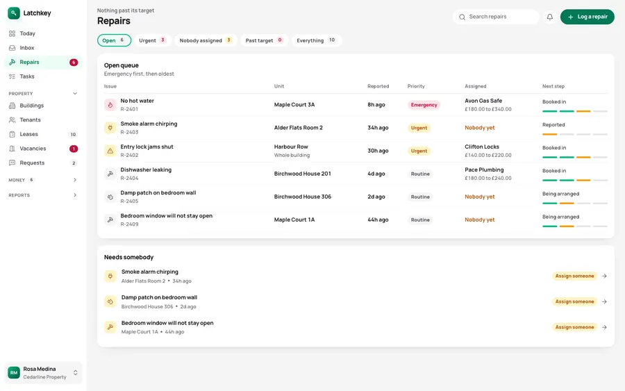 The repairs screen in the landlord app: open repairs ordered emergency first, each with its priority and next step