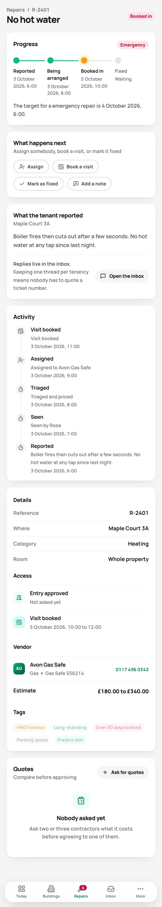 A repair on a phone, with what happened when and the contractor