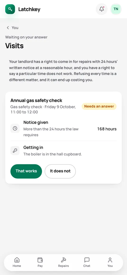 The visits screen in the tenant app: a gas safety check with the notice given and buttons to accept or decline the time