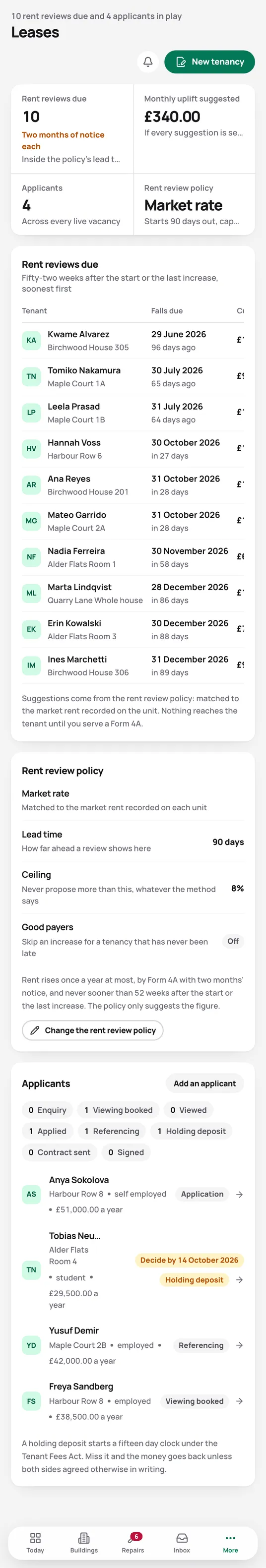 The leases screen: every tenancy with its rent review date and the suggested new rent