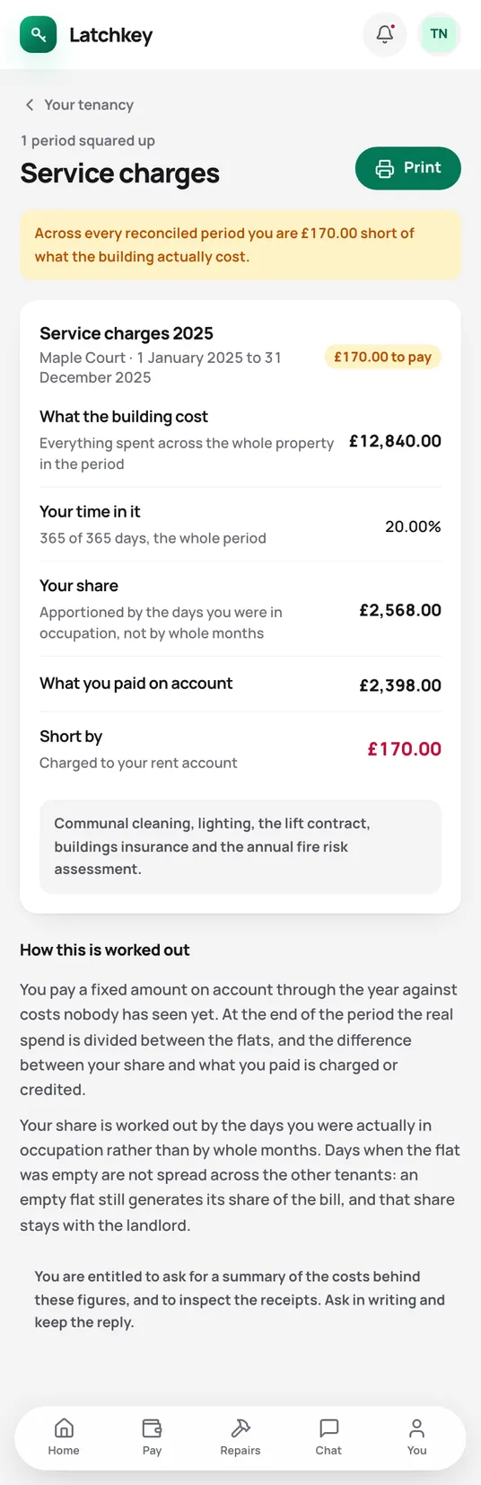 The tenant app service charge screen, showing the building cost, the tenant’s days in it and their share