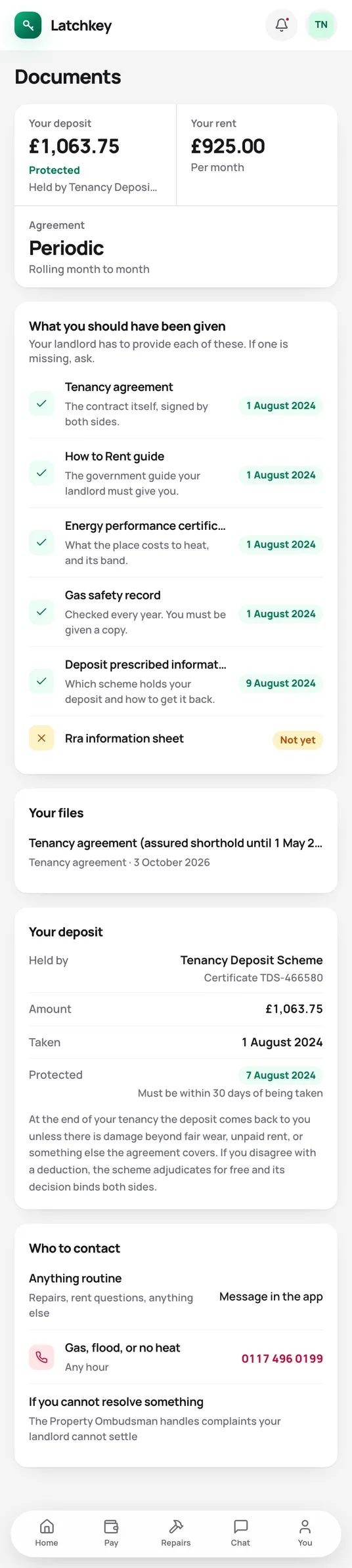 The documents screen in the tenant app, with the tenancy agreement, certificates and receipts