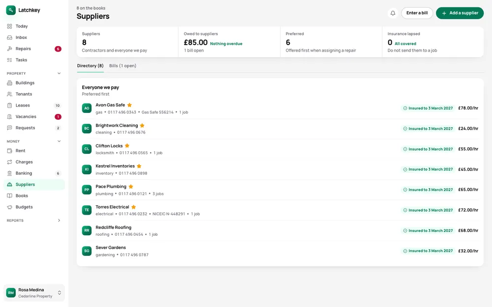 The suppliers screen listing bills awaiting approval