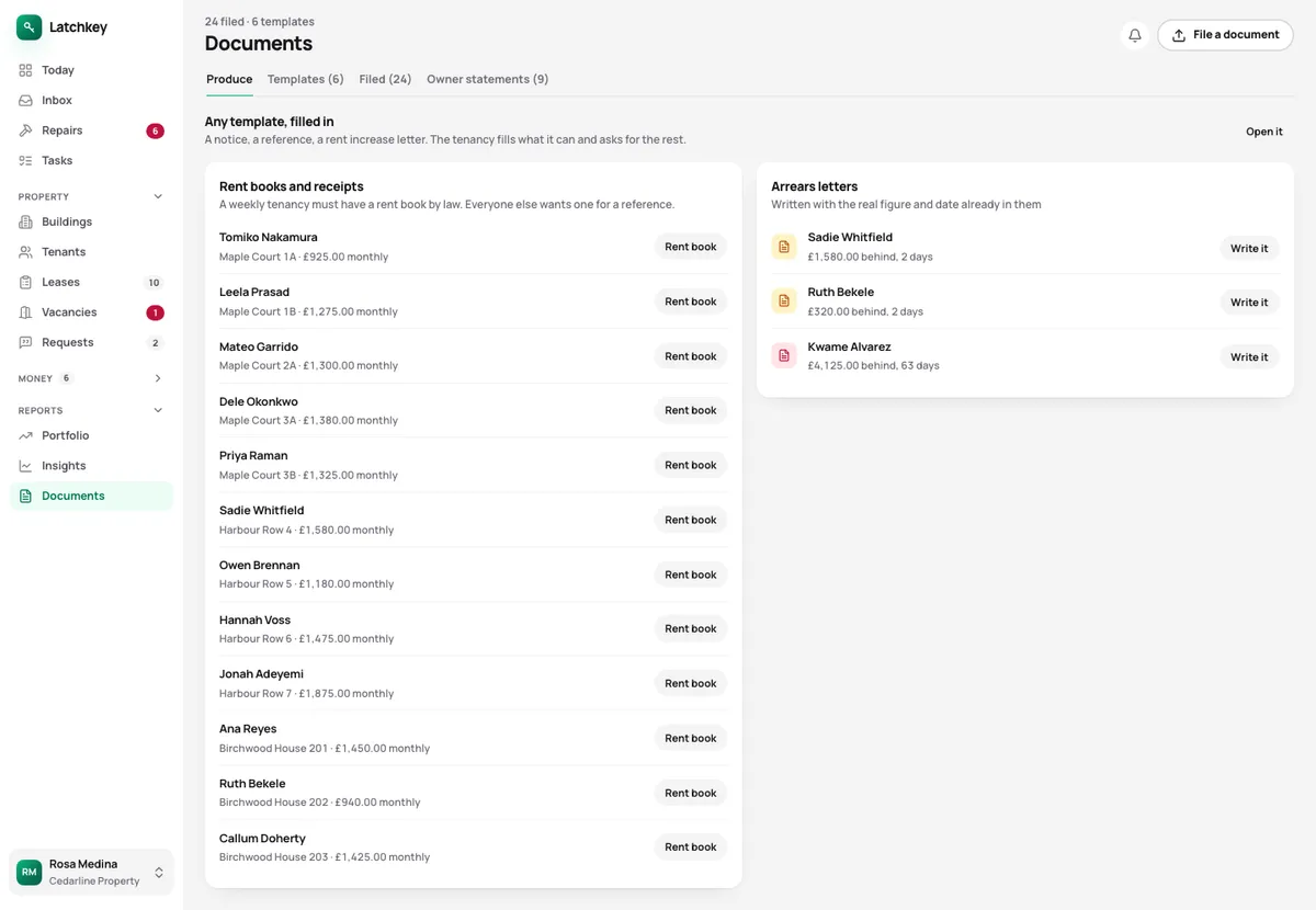 The documents screen with templates and produced documents