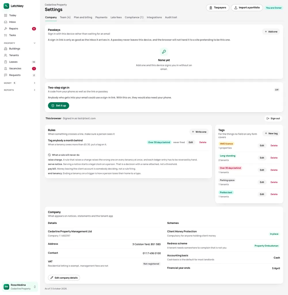 The company settings: passkeys, two-step sign-in and the company details that go on letters