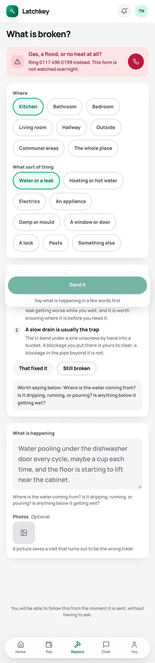 Reporting a repair in the tenant app, choosing what sort of thing is wrong