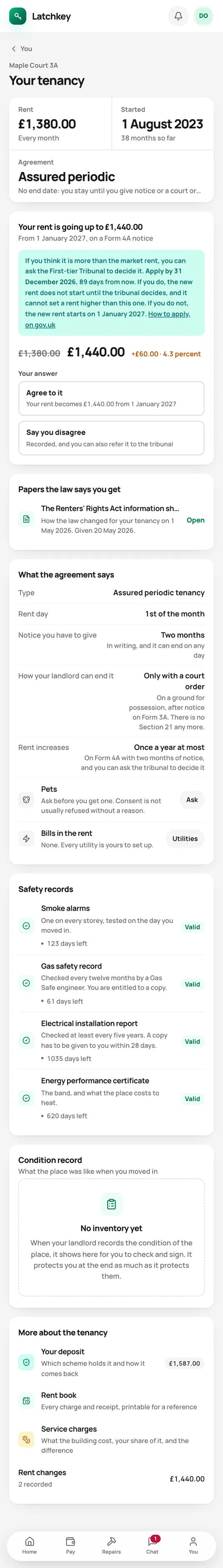 A Form 4A rent increase in the tenant app, with the deadline to challenge it